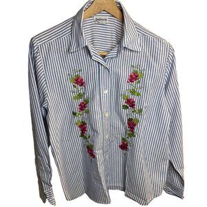 Vintage 90s BonWorth Blue White Vertical Stripe Flower Embroidered Top Sz MP